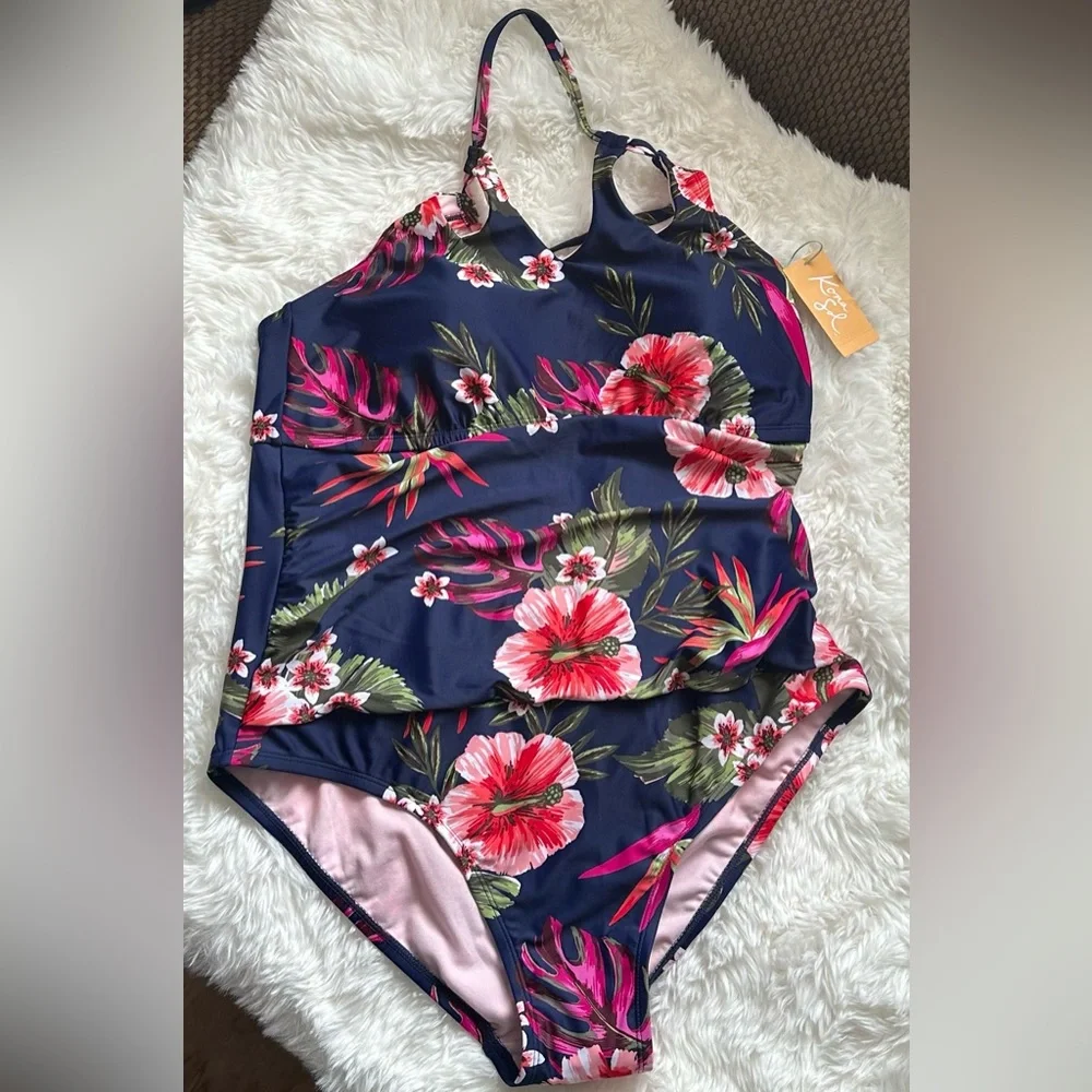 Kona Sol Full Covg 1 Pc Plus Sz Women’s Sz 18, 20, 24 Navy Floral Swimsuit NWT - Picture 2 of 5